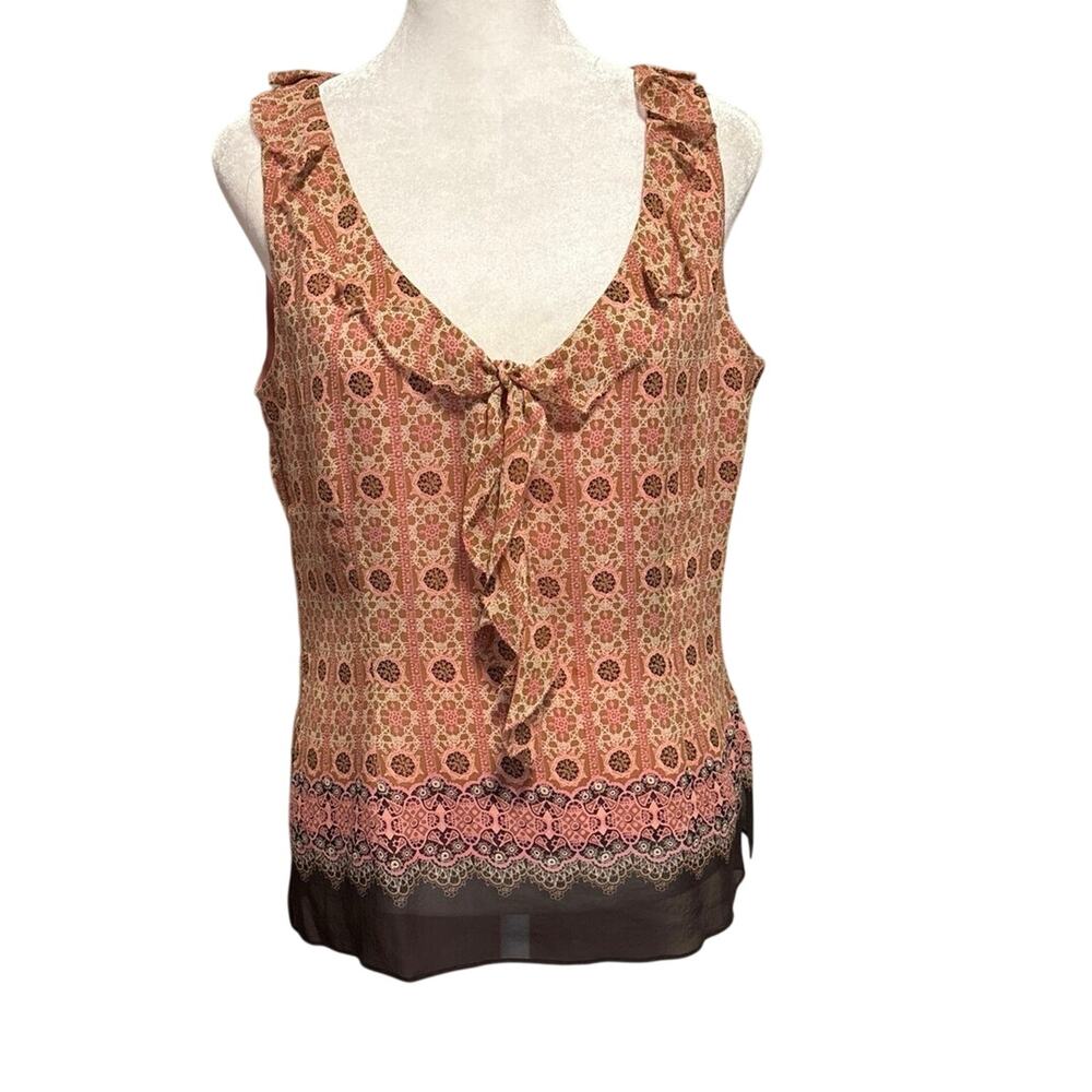 Tapemeasure Size 8 Silk Blouse Sleeveless V Neck Tie Geometric Print Ruffles